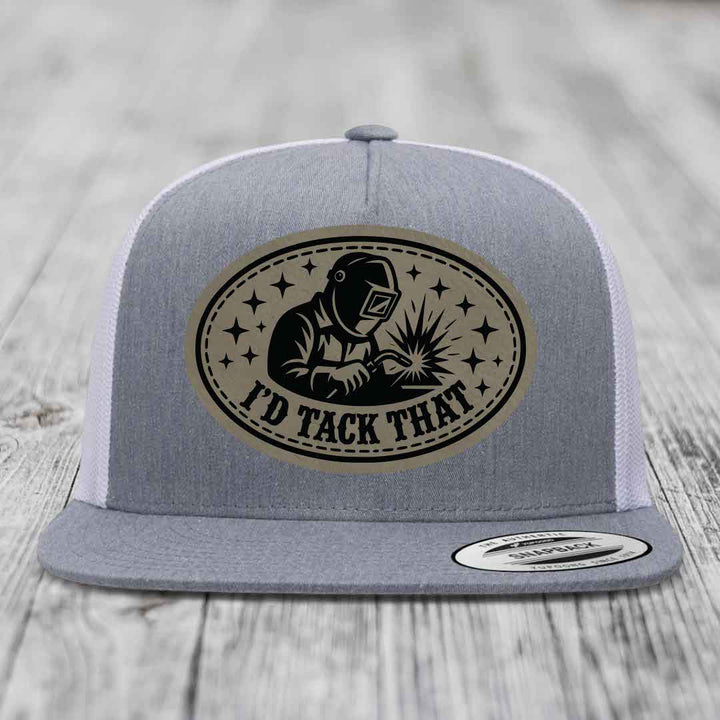 Id Tack That - Leather Patch Hat - Light Brown to Black Patch - Yupoong 6006 Snapback Flatbill Hat