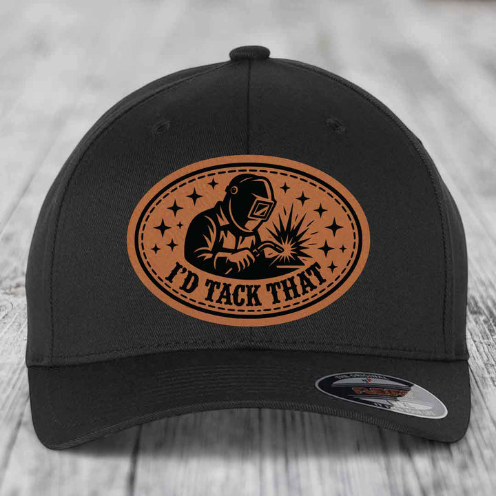 Id Tack That - Leather Patch Hat - Rawhide to Black Patch - Flexfit 6277 Fitted Hat