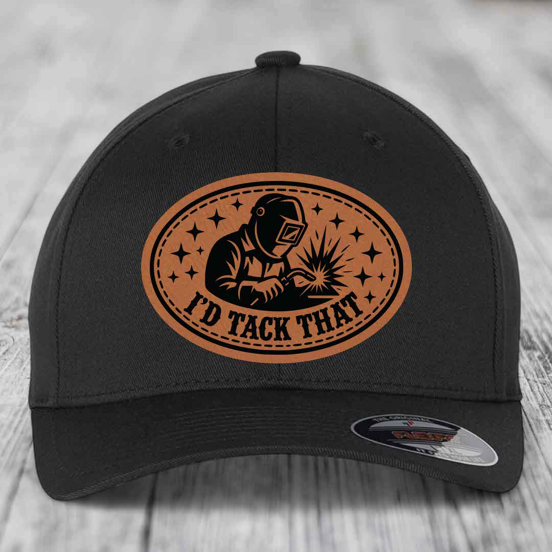 Black baseball cap with brown leather patch featuring welder graphic and text &