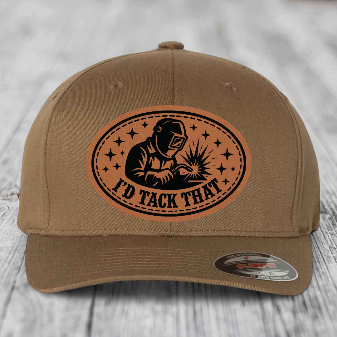 Id Tack That - Leather Patch Hat - Rawhide to Black Patch - Flexfit 6277 Fitted Hat