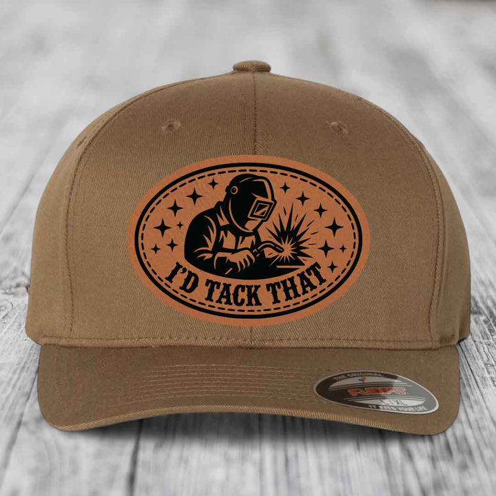 Id Tack That - Leather Patch Hat - Rawhide to Black Patch - Flexfit 6277 Fitted Hat