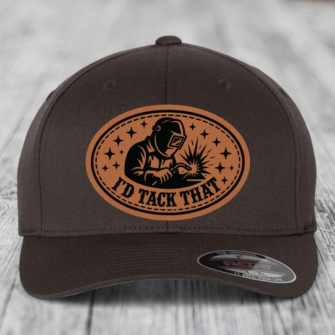 Id Tack That - Leather Patch Hat - Rawhide to Black Patch - Flexfit 6277 Fitted Hat