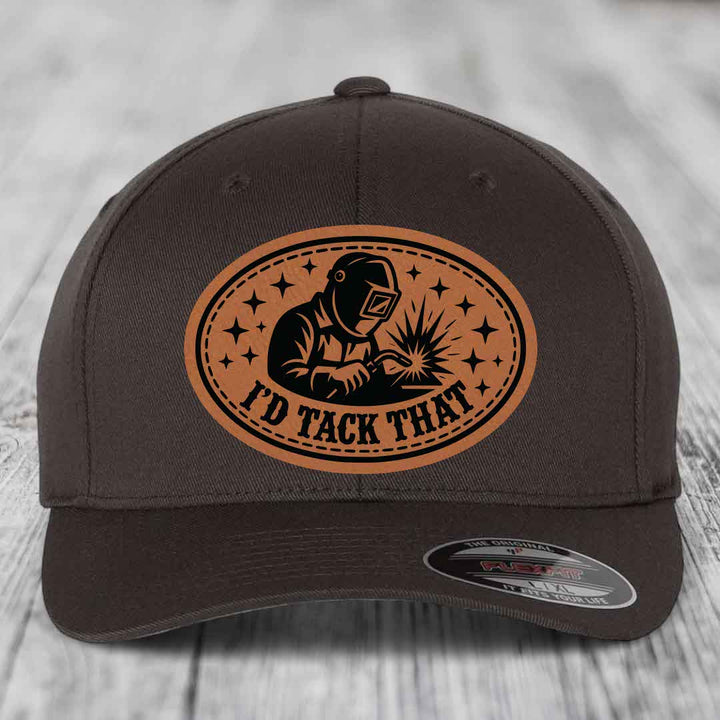 Id Tack That - Leather Patch Hat - Rawhide to Black Patch - Flexfit 6277 Fitted Hat