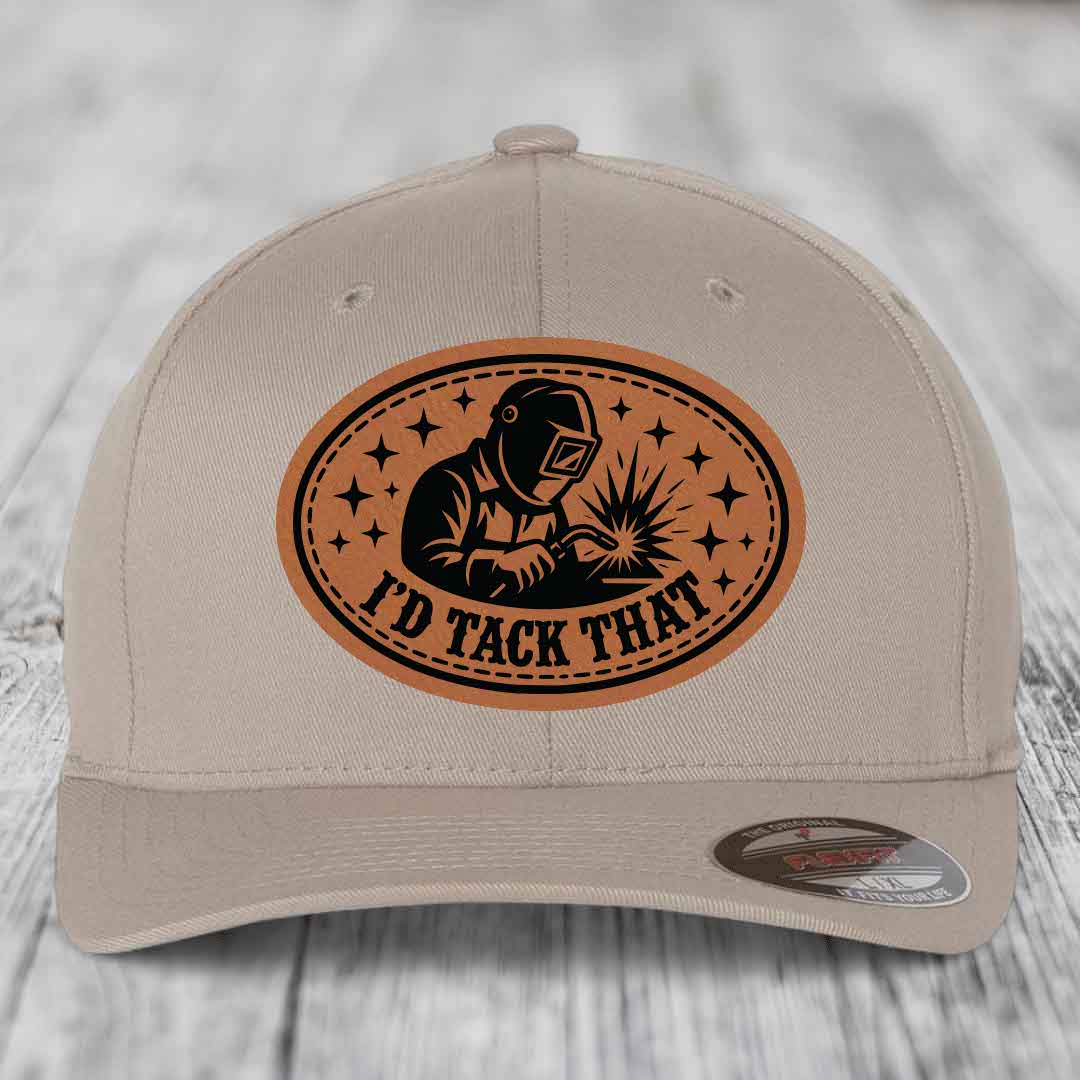 Id Tack That - Leather Patch Hat - Rawhide to Black Patch - Flexfit 6277 Fitted Hat