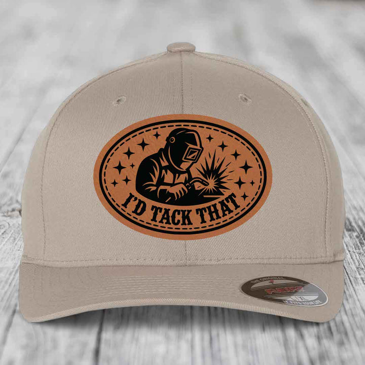 Id Tack That - Leather Patch Hat - Rawhide to Black Patch - Flexfit 6277 Fitted Hat