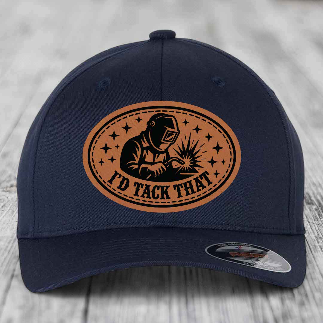Id Tack That - Leather Patch Hat - Rawhide to Black Patch - Flexfit 6277 Fitted Hat