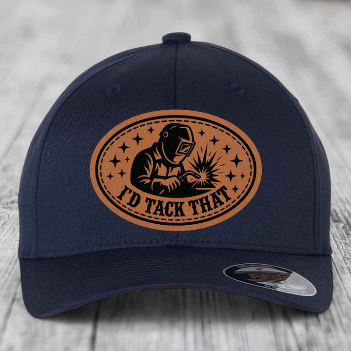 Id Tack That - Leather Patch Hat - Rawhide to Black Patch - Flexfit 6277 Fitted Hat