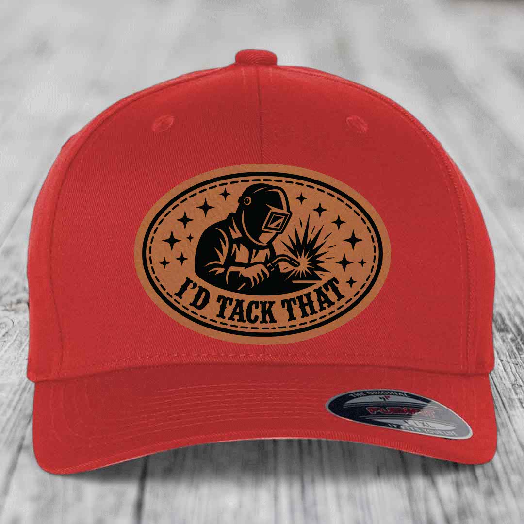 Id Tack That - Leather Patch Hat - Rawhide to Black Patch - Flexfit 6277 Fitted Hat