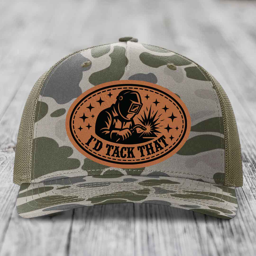 Id Tack That - Leather Patch Hat - Rawhide to Black Patch - Richardson 112PFP Snapback Trucker Hat