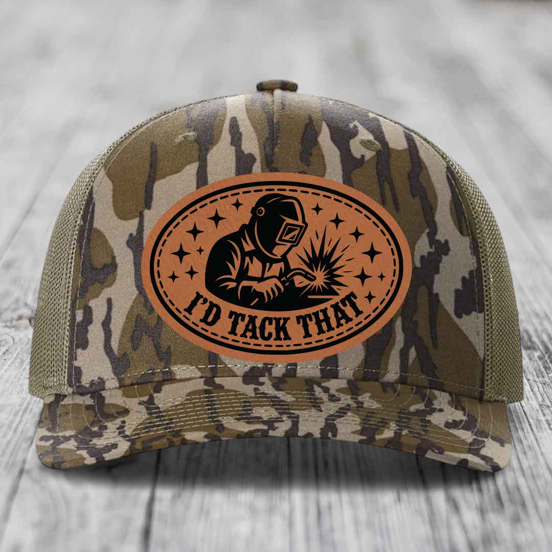 Id Tack That - Leather Patch Hat - Rawhide to Black Patch - Richardson 112PFP Snapback Trucker Hat