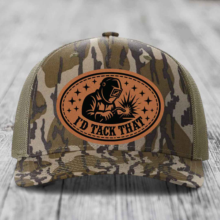 Camouflage trucker hat with brown leather patch showing welder and text &