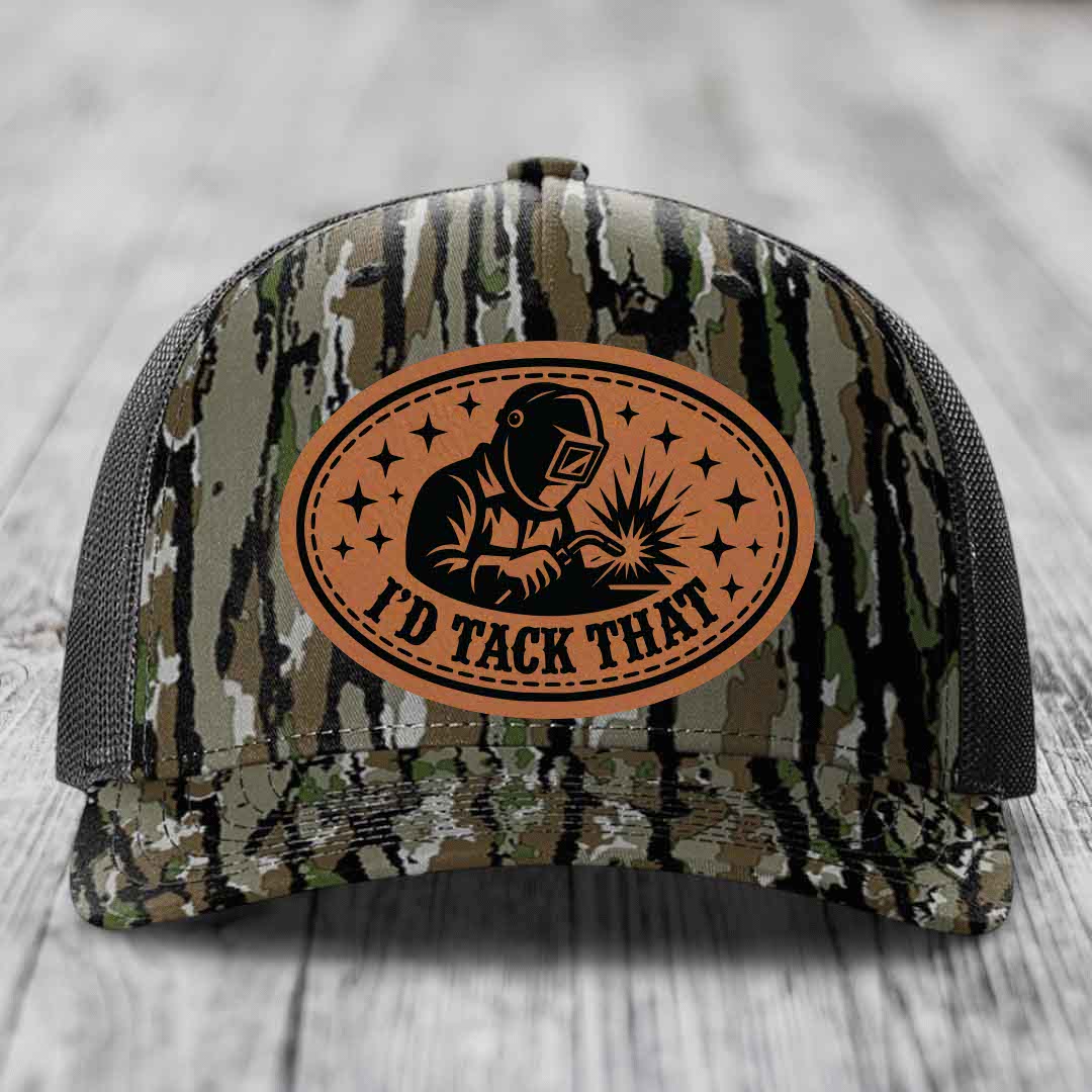 Id Tack That - Leather Patch Hat - Rawhide to Black Patch - Richardson 112PFP Snapback Trucker Hat