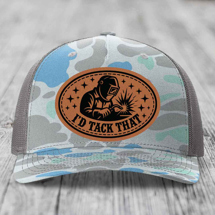 Id Tack That - Leather Patch Hat - Rawhide to Black Patch - Richardson 112PFP Snapback Trucker Hat