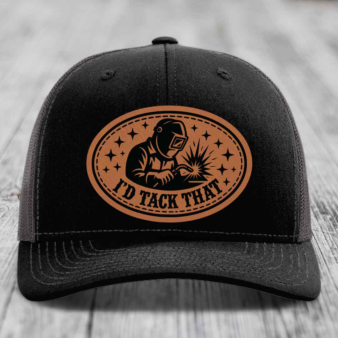 Id Tack That - Leather Patch Hat - Rawhide to Black Patch - Richardson 112 Snapback Trucker Hat