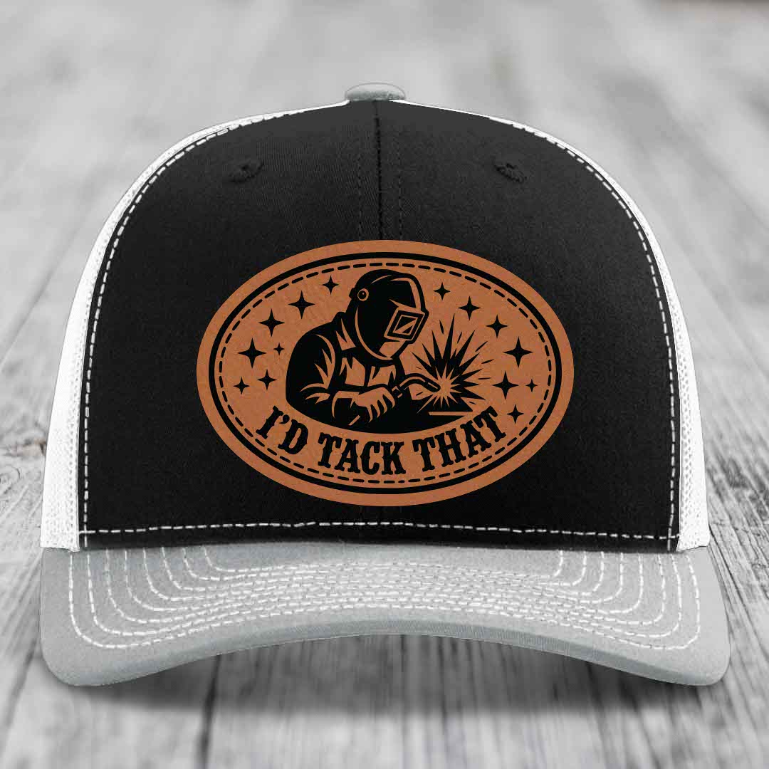 Id Tack That - Leather Patch Hat - Rawhide to Black Patch - Richardson 112 Snapback Trucker Hat