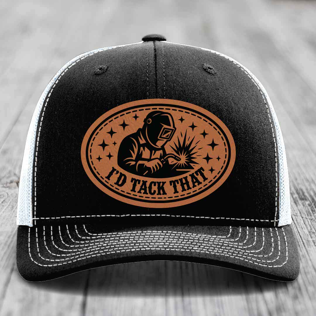 Id Tack That - Leather Patch Hat - Rawhide to Black Patch - Richardson 112 Snapback Trucker Hat
