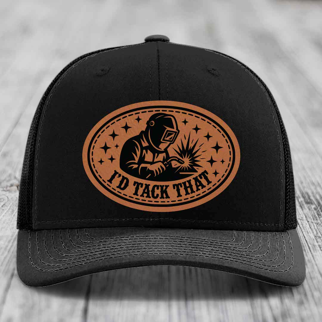 Id Tack That - Leather Patch Hat - Rawhide to Black Patch - Richardson 112 Snapback Trucker Hat