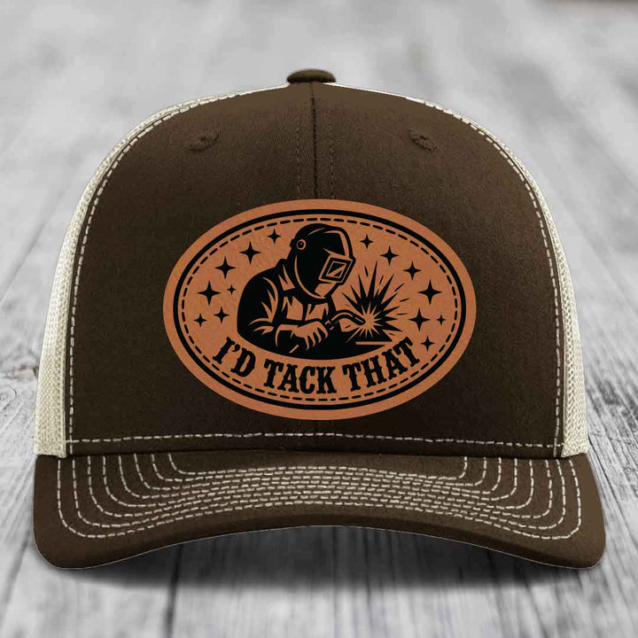Id Tack That - Leather Patch Hat - Rawhide to Black Patch - Richardson 112 Snapback Trucker Hat