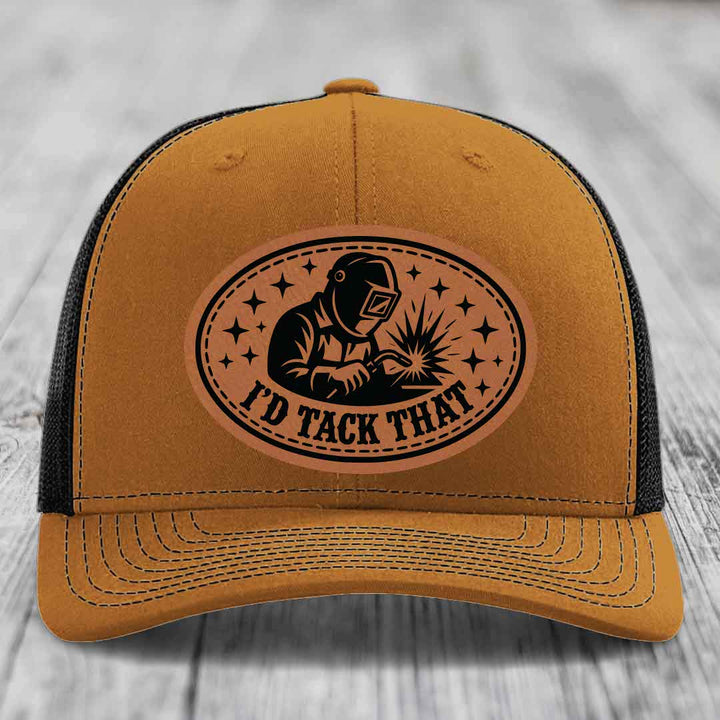 Id Tack That - Leather Patch Hat - Rawhide to Black Patch - Richardson 112 Snapback Trucker Hat