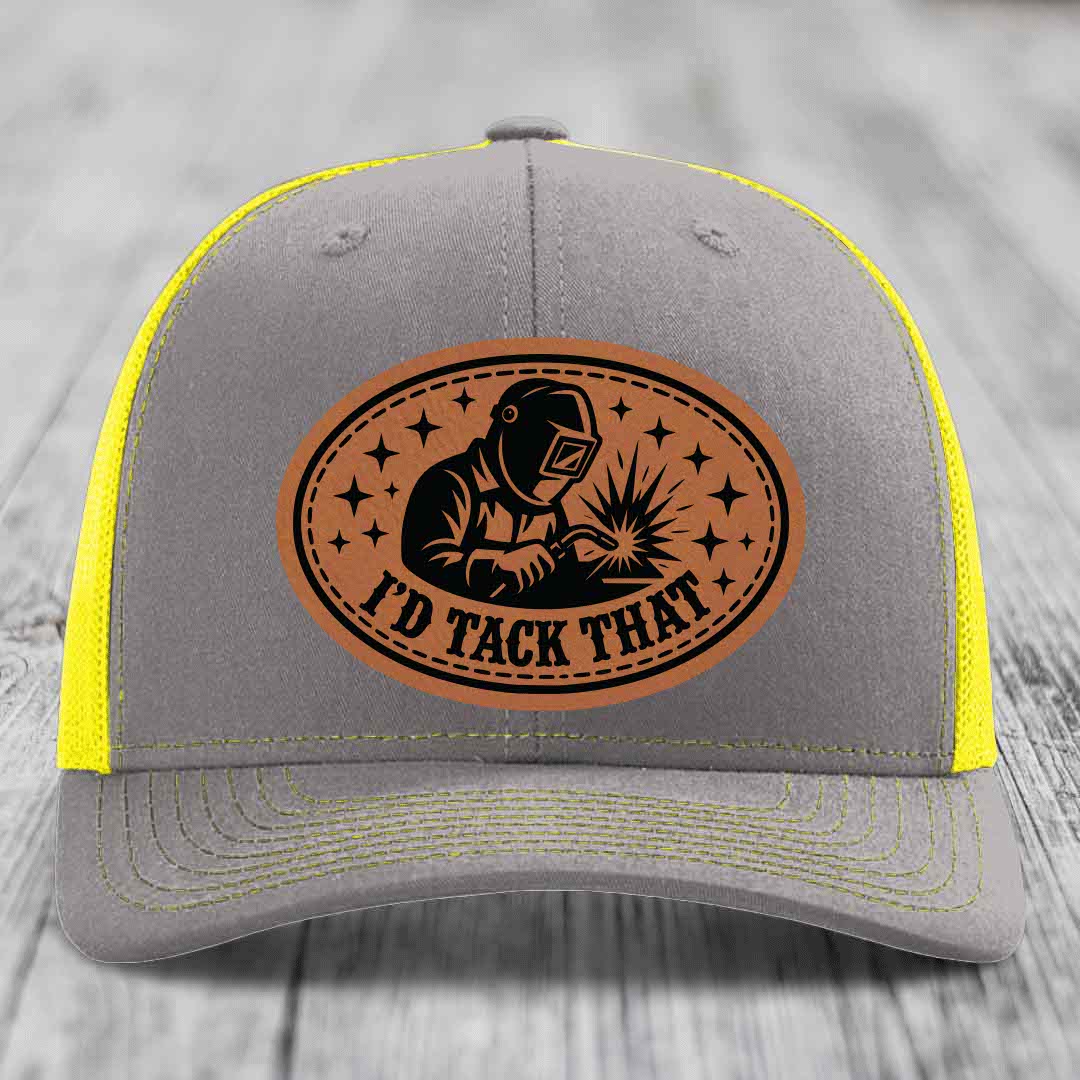 Id Tack That - Leather Patch Hat - Rawhide to Black Patch - Richardson 112 Snapback Trucker Hat