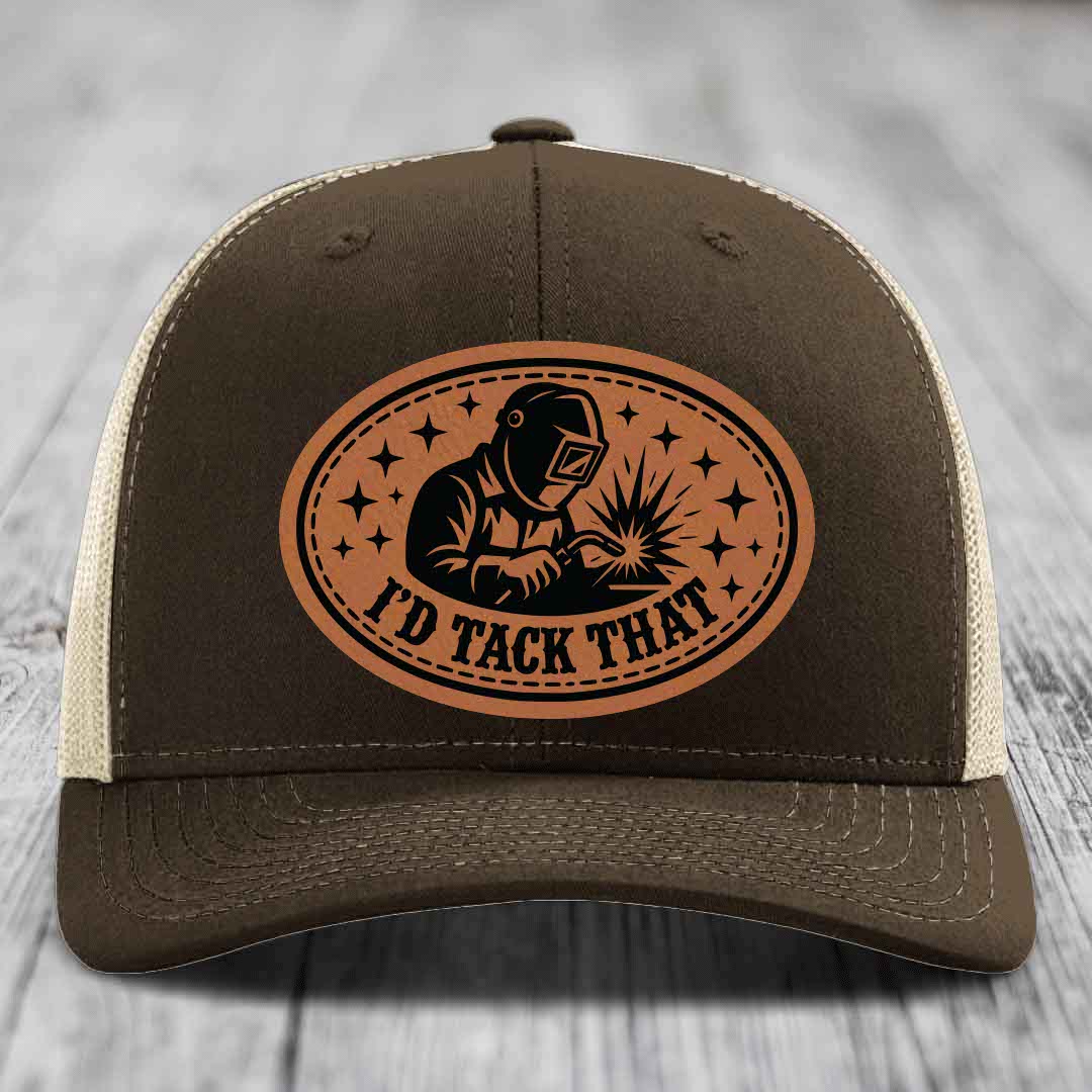 Id Tack That - Leather Patch Hat - Rawhide to Black Patch - Richardson 112 Snapback Trucker Hat