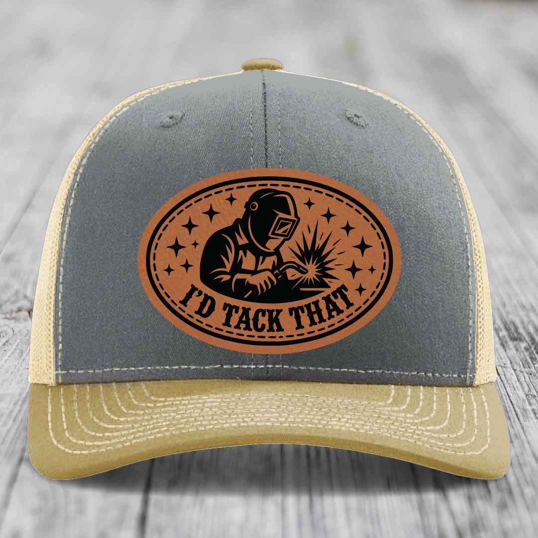 Id Tack That - Leather Patch Hat - Rawhide to Black Patch - Richardson 112 Snapback Trucker Hat