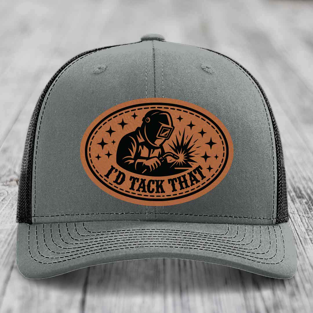 Id Tack That - Leather Patch Hat - Rawhide to Black Patch - Richardson 112 Snapback Trucker Hat