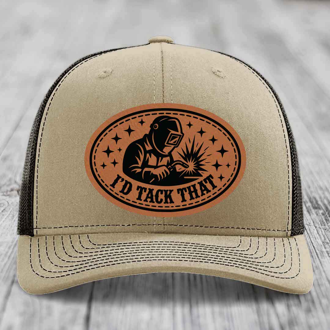 Id Tack That - Leather Patch Hat - Rawhide to Black Patch - Richardson 112 Snapback Trucker Hat