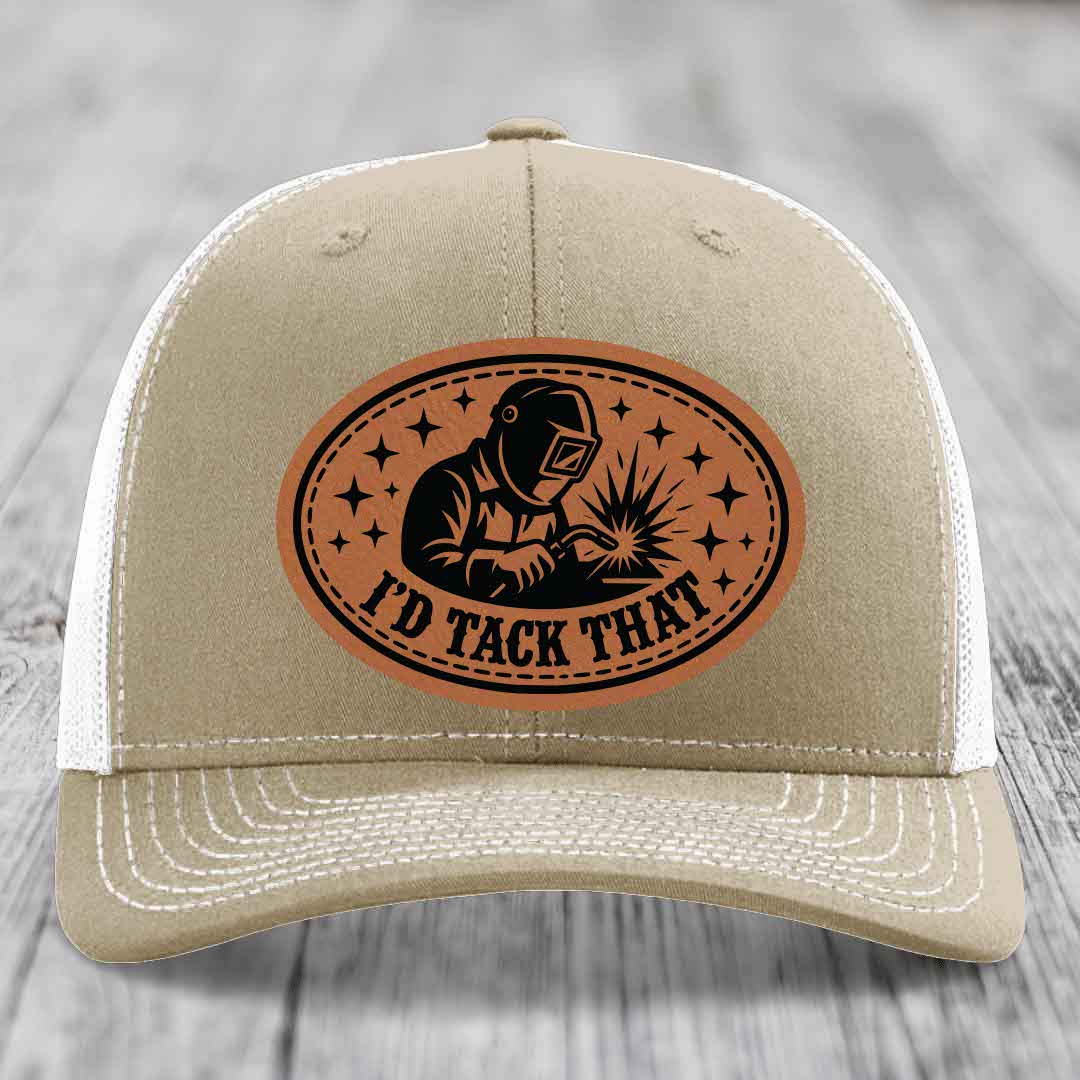 Id Tack That - Leather Patch Hat - Rawhide to Black Patch - Richardson 112 Snapback Trucker Hat
