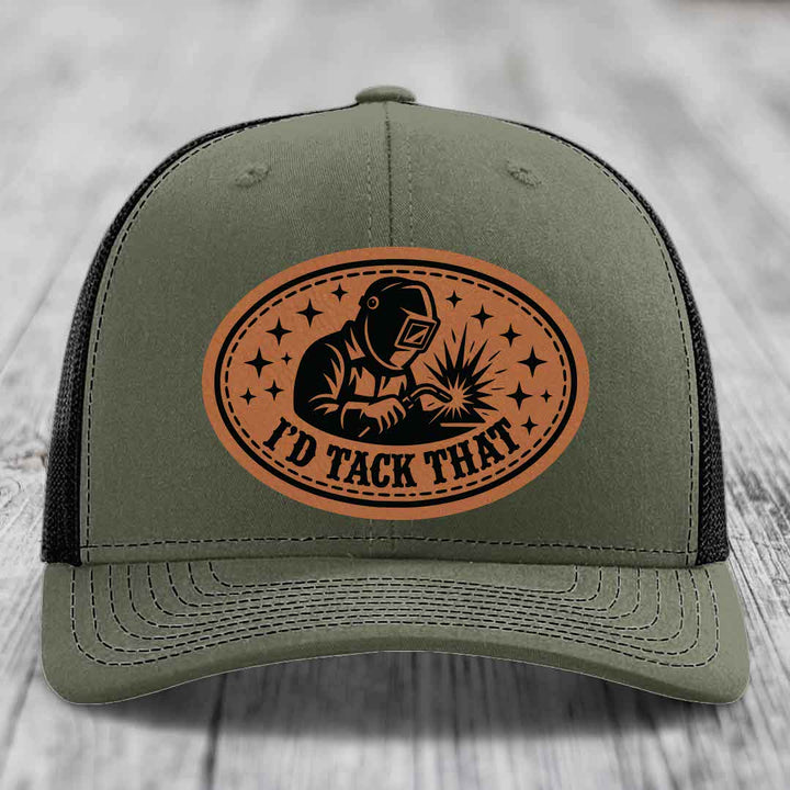 Id Tack That - Leather Patch Hat - Rawhide to Black Patch - Richardson 112 Snapback Trucker Hat