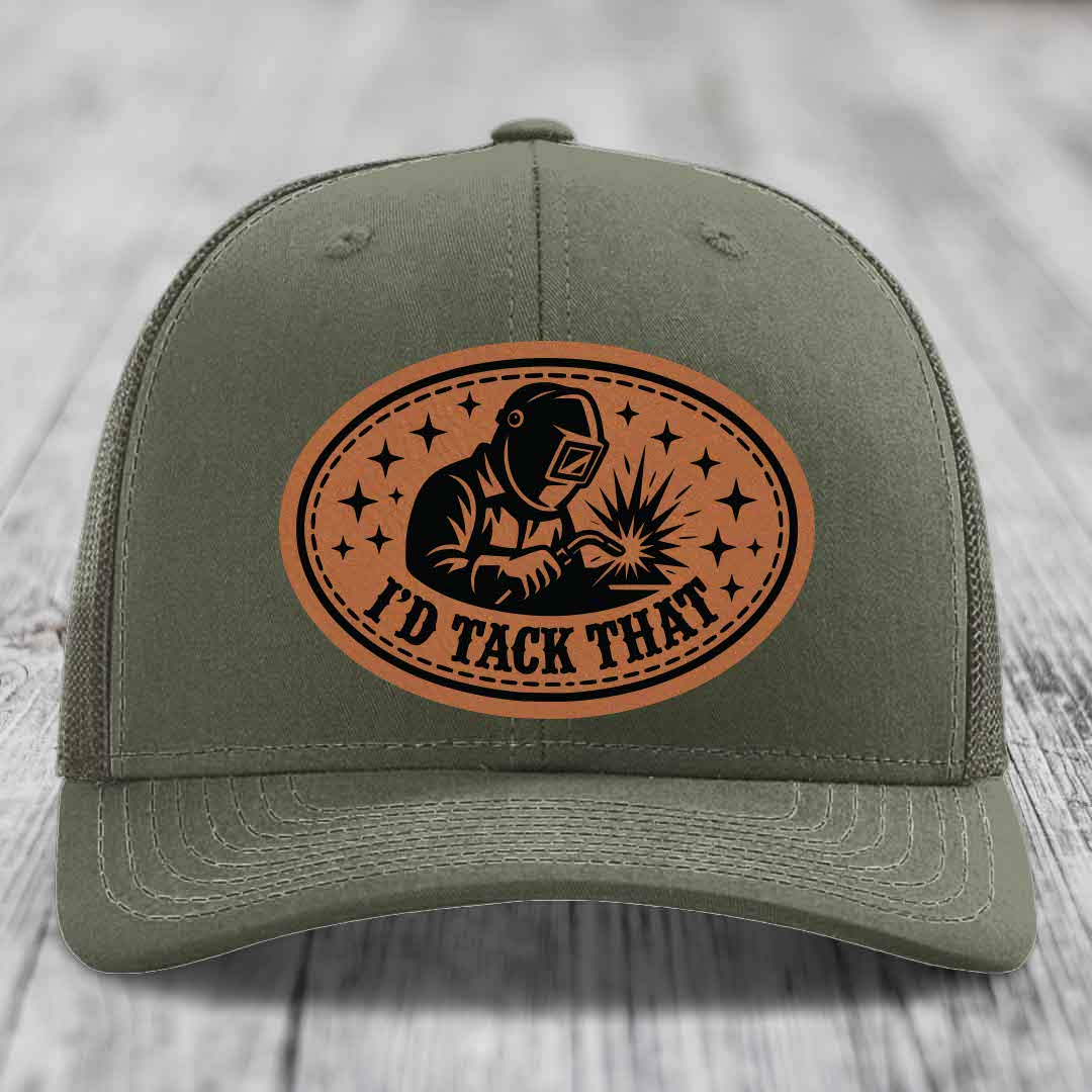 Id Tack That - Leather Patch Hat - Rawhide to Black Patch - Richardson 112 Snapback Trucker Hat