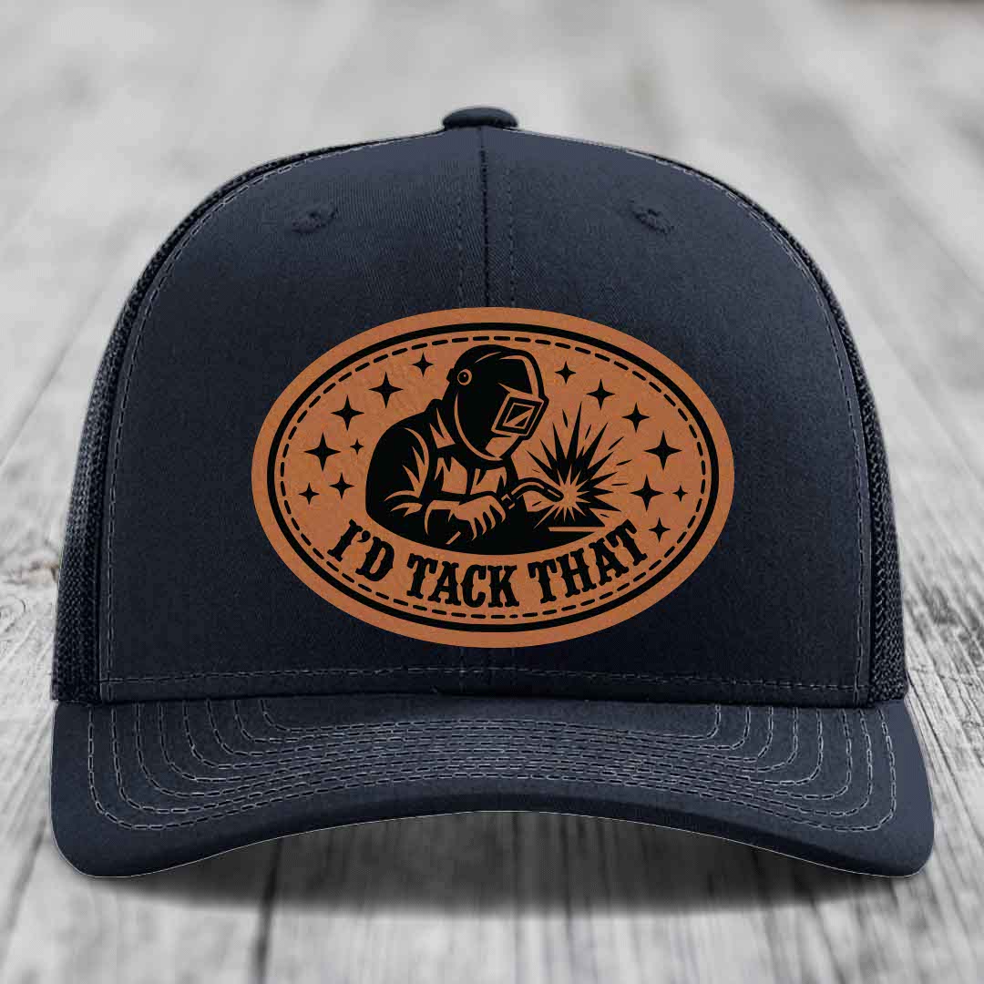 Id Tack That - Leather Patch Hat - Rawhide to Black Patch - Richardson 112 Snapback Trucker Hat