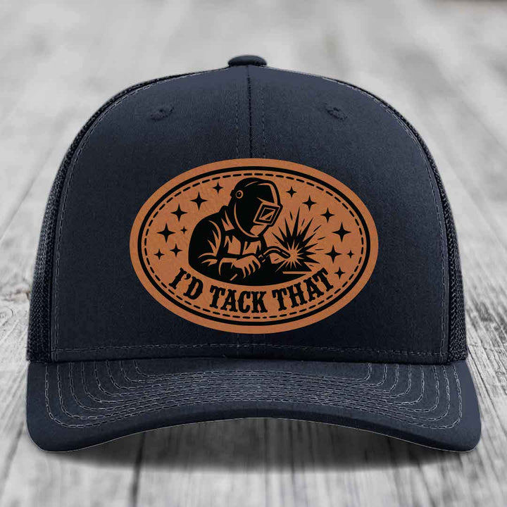 Id Tack That - Leather Patch Hat - Rawhide to Black Patch - Richardson 112 Snapback Trucker Hat