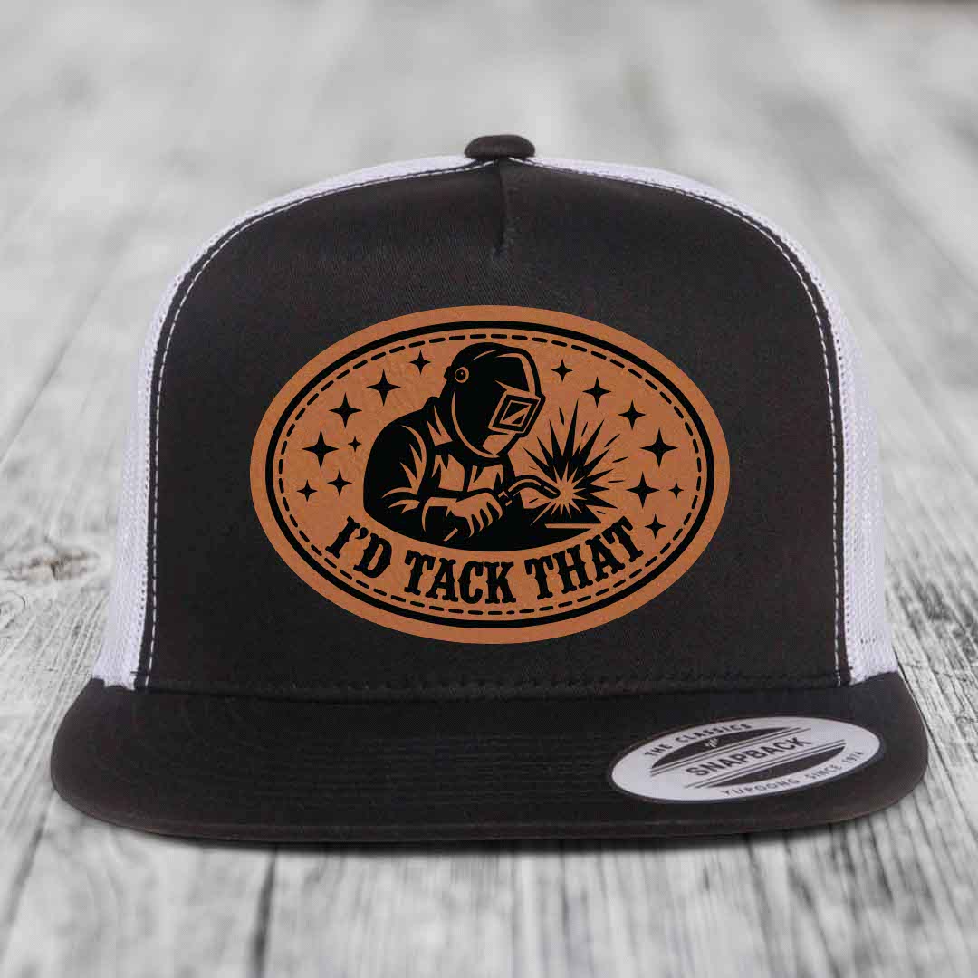 Id Tack That - Leather Patch Hat - Rawhide to Black Patch - Yupoong 6006 Snapback Flatbill Hat