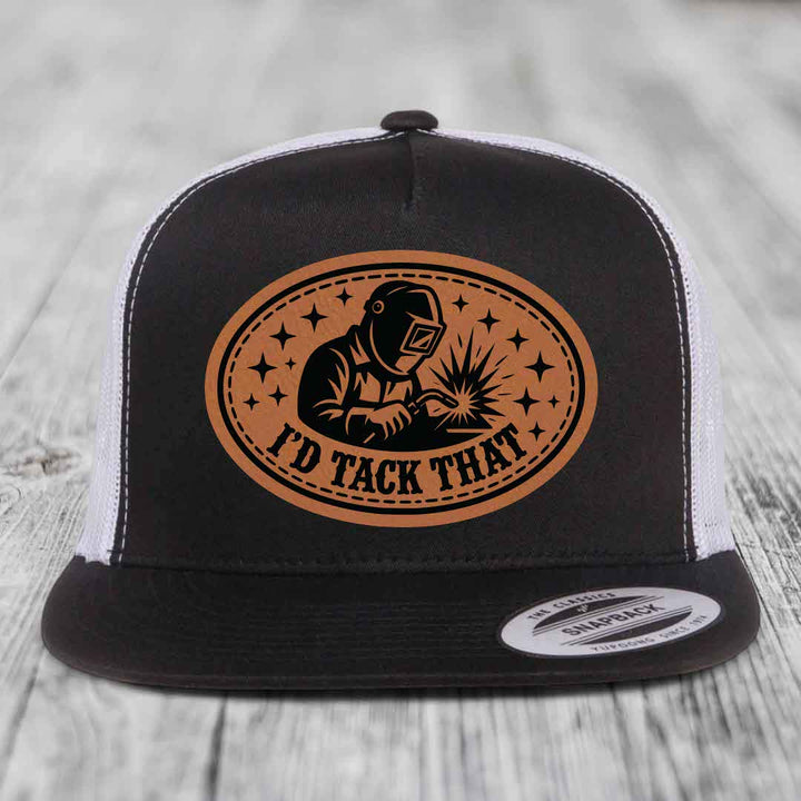 Id Tack That - Leather Patch Hat - Rawhide to Black Patch - Yupoong 6006 Snapback Flatbill Hat