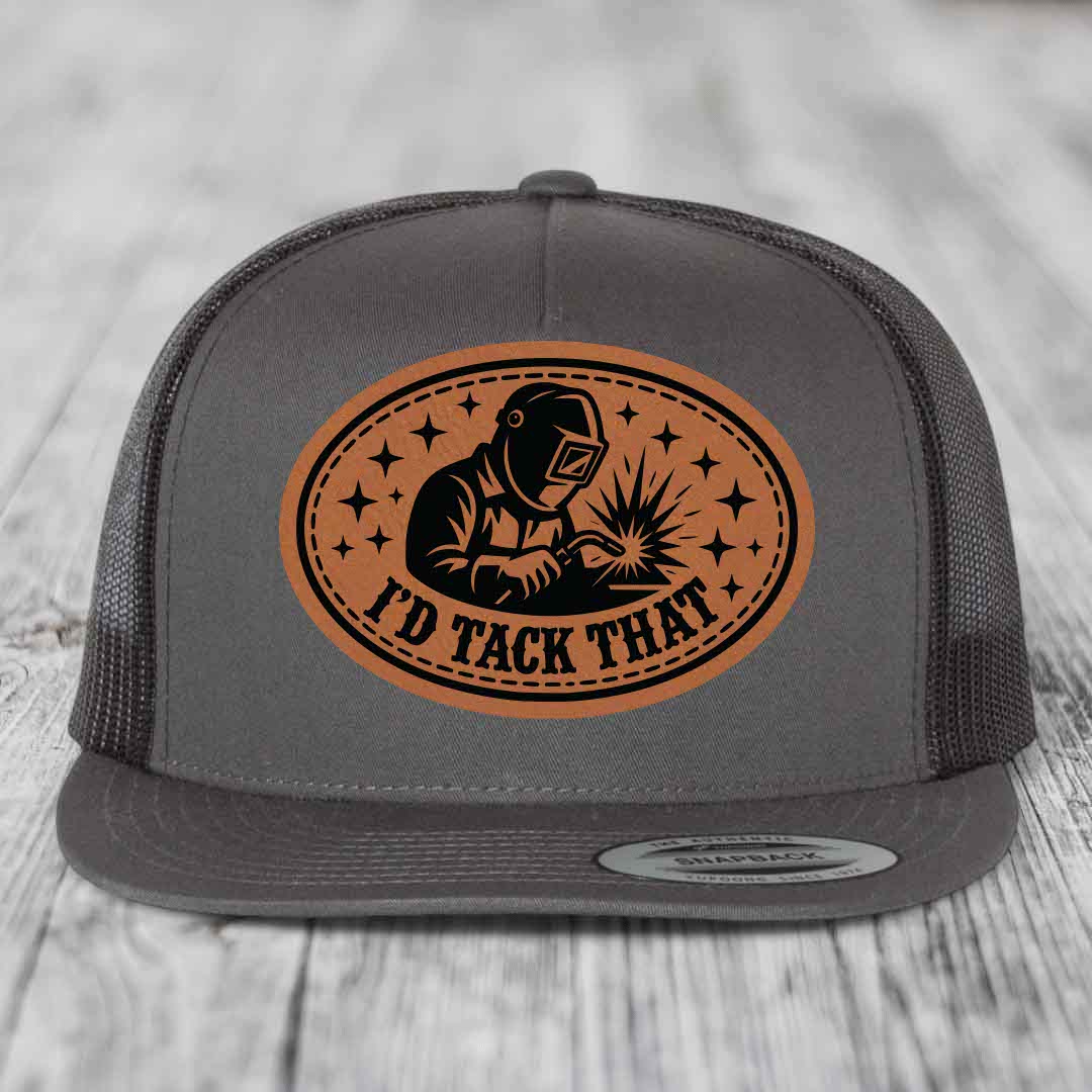 Id Tack That - Leather Patch Hat - Rawhide to Black Patch - Yupoong 6006 Snapback Flatbill Hat