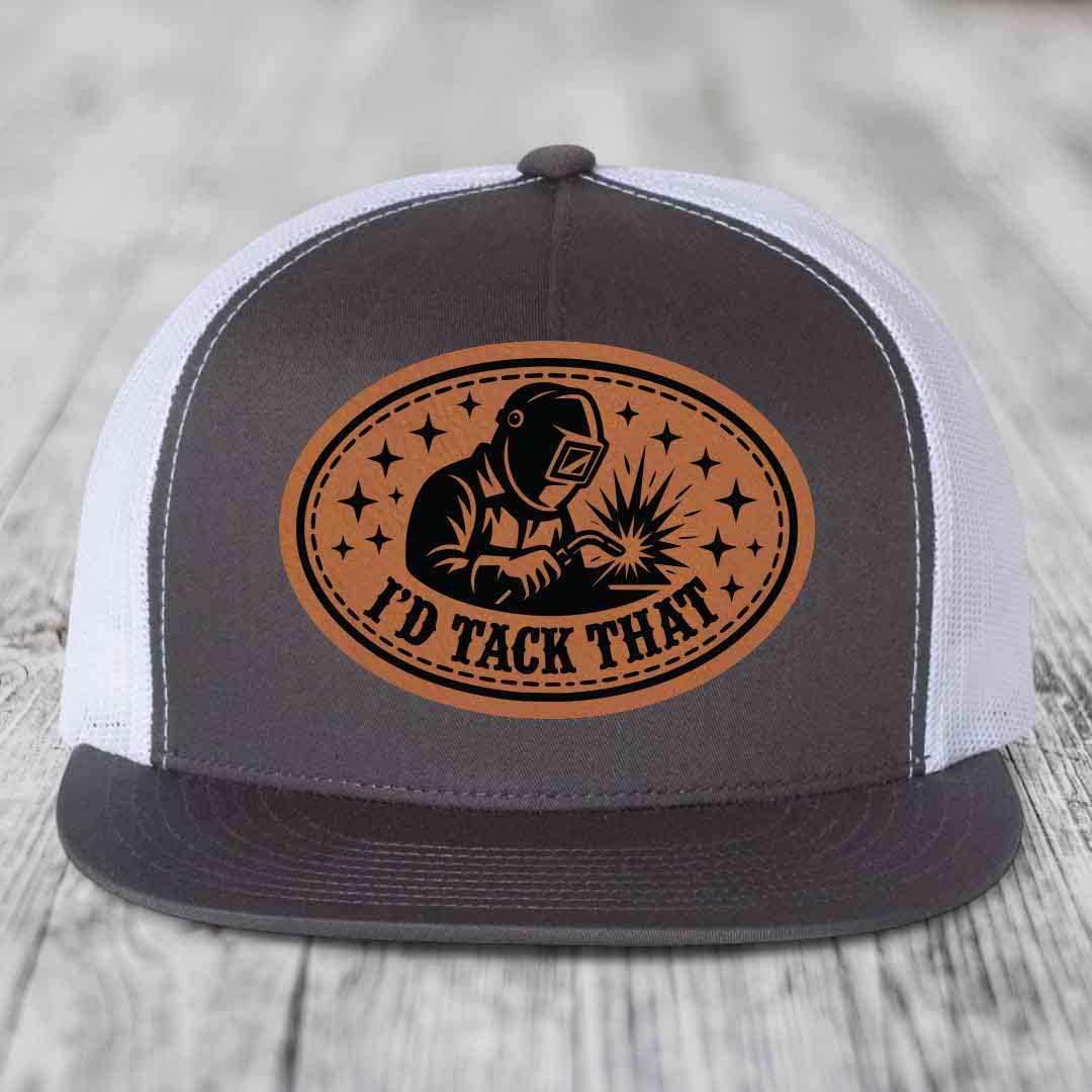 Id Tack That - Leather Patch Hat - Rawhide to Black Patch - Yupoong 6006 Snapback Flatbill Hat