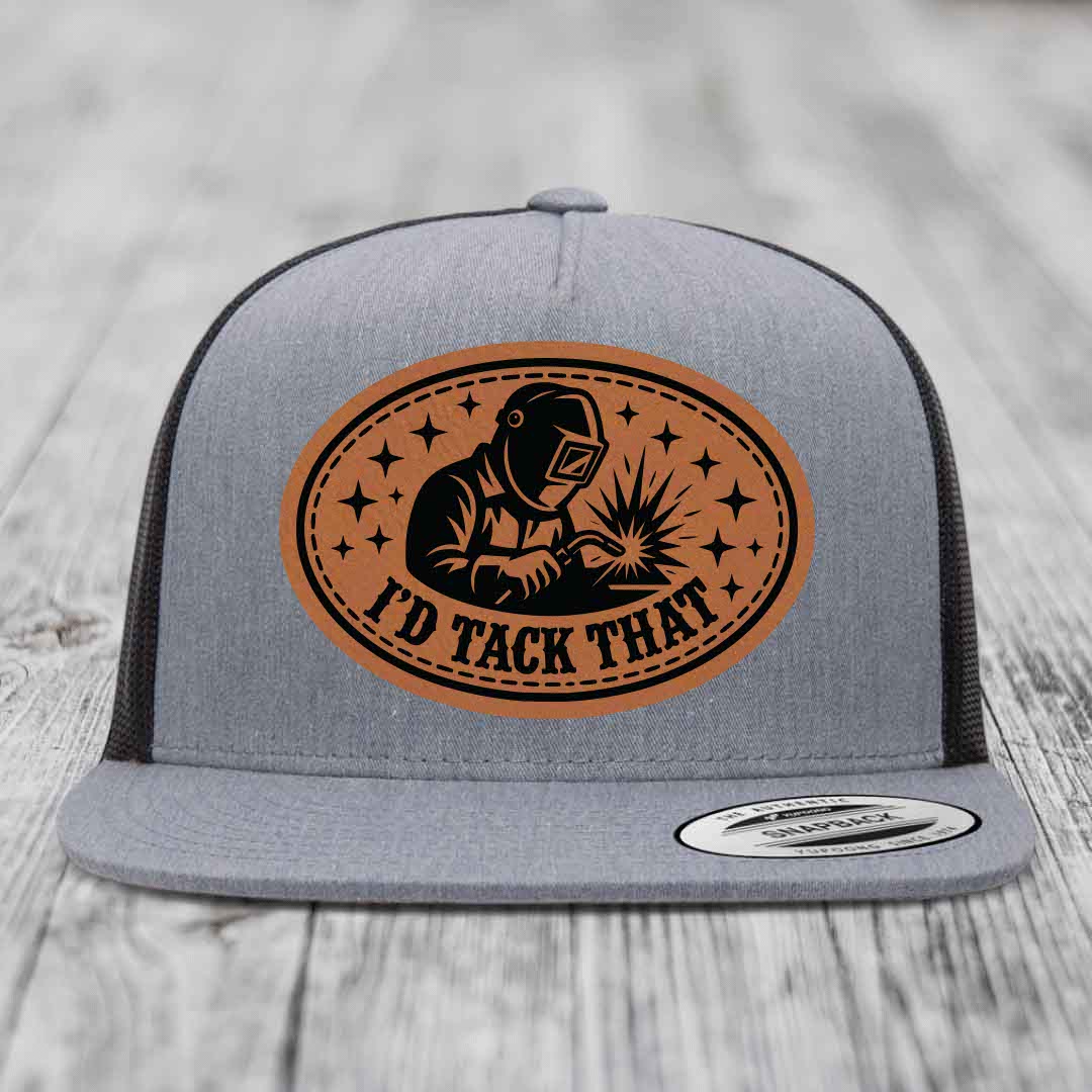 Id Tack That - Leather Patch Hat - Rawhide to Black Patch - Yupoong 6006 Snapback Flatbill Hat