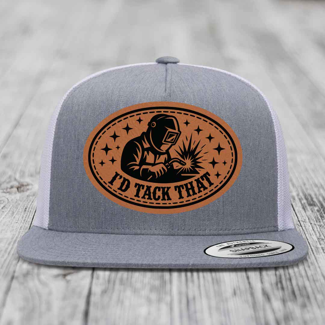 Id Tack That - Leather Patch Hat - Rawhide to Black Patch - Yupoong 6006 Snapback Flatbill Hat