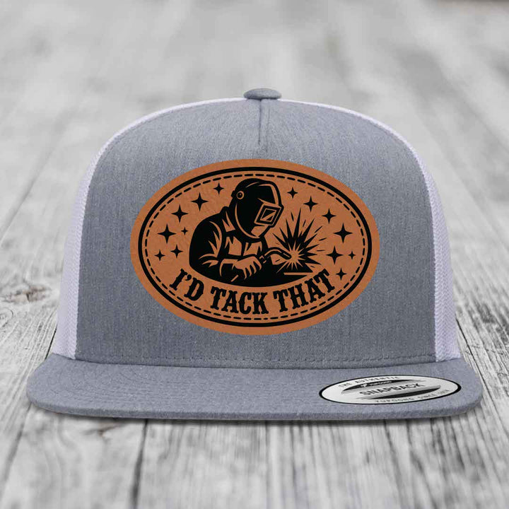 Id Tack That - Leather Patch Hat - Rawhide to Black Patch - Yupoong 6006 Snapback Flatbill Hat