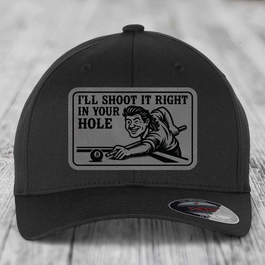 Black baseball cap with a grey rectangular patch showing a cartoon pool player and text &