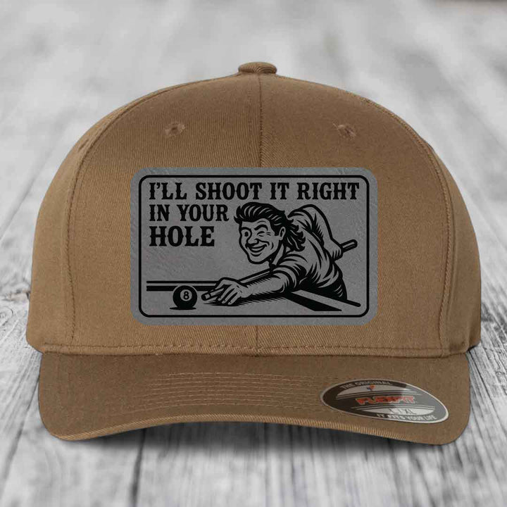 Ill Shoot It Right In Your Hole - Leather Patch Hat - Grey to Black Patch - Flexfit 6277 Fitted Hat