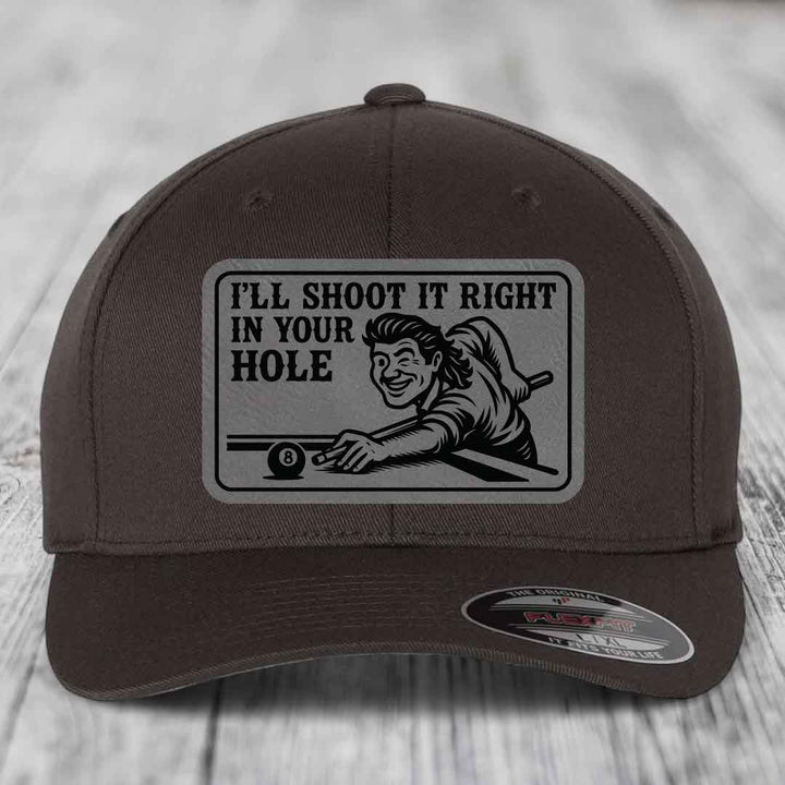 Ill Shoot It Right In Your Hole - Leather Patch Hat - Grey to Black Patch - Flexfit 6277 Fitted Hat