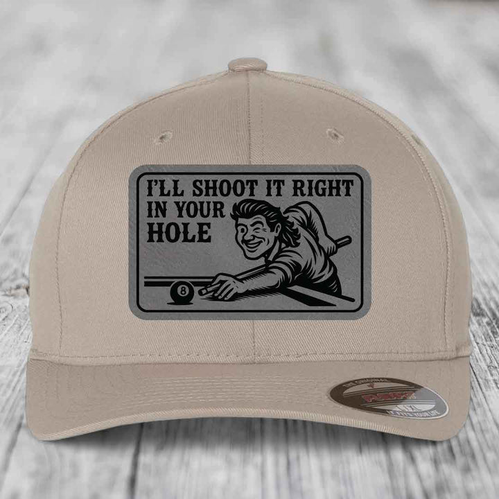 Ill Shoot It Right In Your Hole - Leather Patch Hat - Grey to Black Patch - Flexfit 6277 Fitted Hat