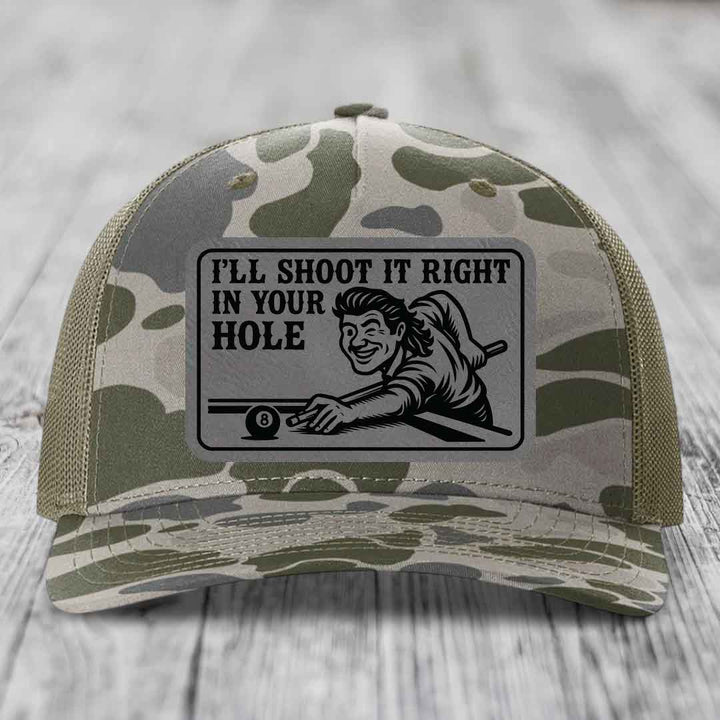 Ill Shoot It Right In Your Hole - Leather Patch Hat - Grey to Black Patch - Richardson 112PFP Snapback Trucker Hat