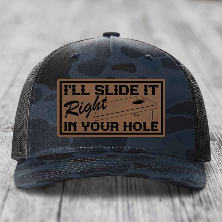 Ill Slide It Right In Your Hole - Leather Patch Hat - Dark Brown to Black Patch - Richardson 112PFP Snapback Trucker Hat