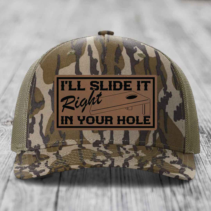 Ill Slide It Right In Your Hole - Leather Patch Hat - Dark Brown to Black Patch - Richardson 112PFP Snapback Trucker Hat