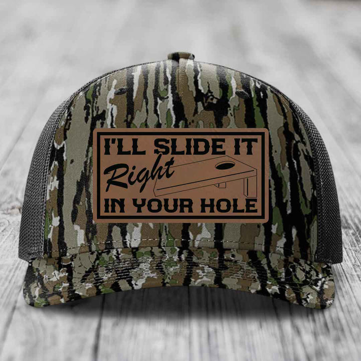 Ill Slide It Right In Your Hole - Leather Patch Hat - Dark Brown to Black Patch - Richardson 112PFP Snapback Trucker Hat