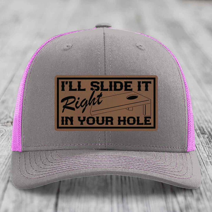 Ill Slide It Right In Your Hole - Leather Patch Hat - Dark Brown to Black Patch - Richardson 112 Snapback Trucker Hat