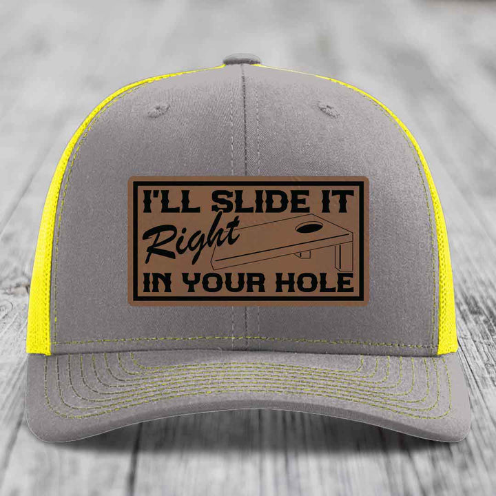 Ill Slide It Right In Your Hole - Leather Patch Hat - Dark Brown to Black Patch - Richardson 112 Snapback Trucker Hat